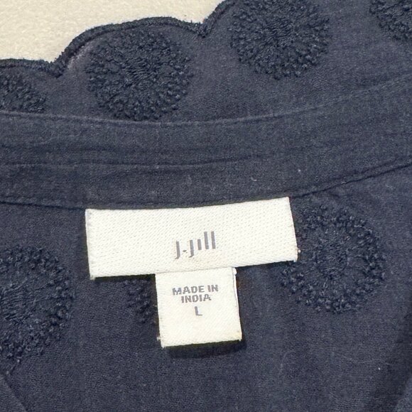 J. Jill 100% Cotton Embroidered Flare Sleeve Tunic Blouse Top Navy Blue Large - Picture 5 of 8